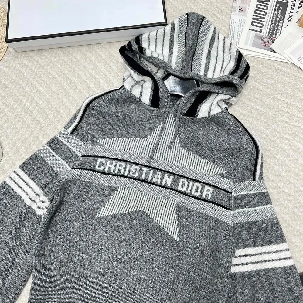Dior DiorAlps Three-Quarter Sleeve Hooded Sweater Gray Wool for Women