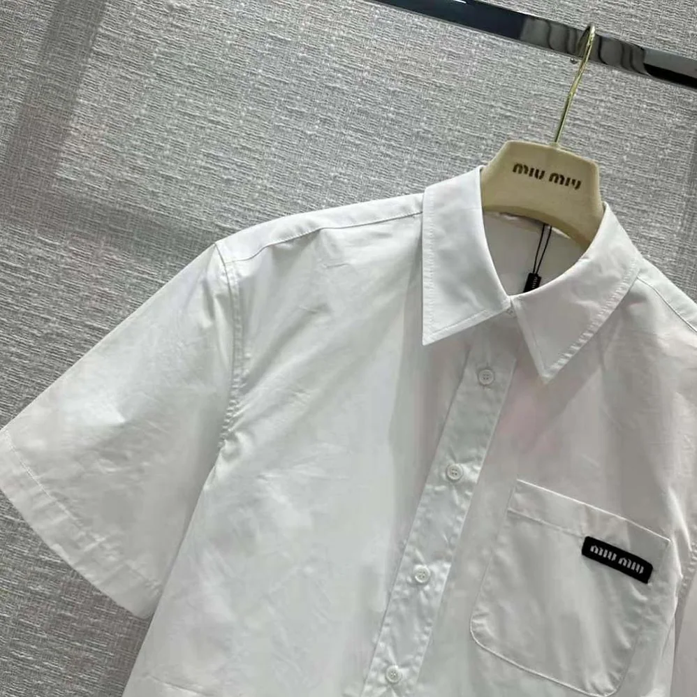 Miu Miu Poplin Shirt with Sartorial Logo Label for Women in White Miu Miu Poplin Shirt with Sartorial Logo Label for Women in White