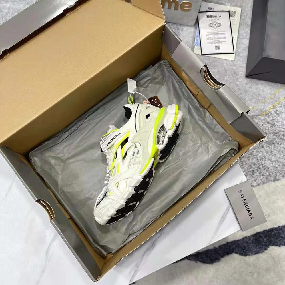 Balenciaga Track.2 Sneaker in White and Neon Yellow Neoprene and Rubber for Men