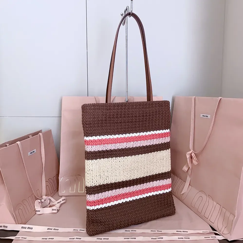 Miu Miu Raffia-Effect Woven Tote Bag for Women in Tobacco/Strawberry/Natural Miu Miu Raffia-Effect Woven Tote Bag for Women in Tobacco/Strawberry/Natural