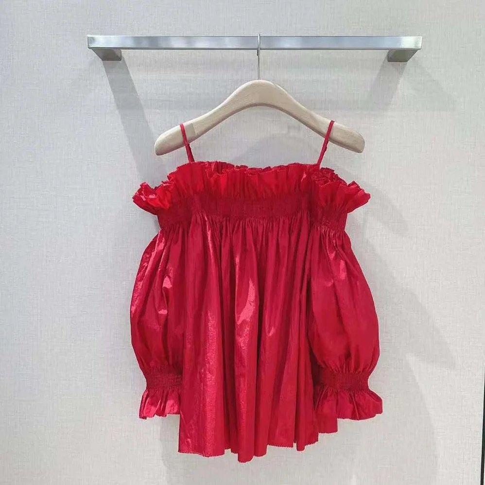 Dior Off-the-Shoulder Smocked Top Scarlet Red Silk Taffeta for Women