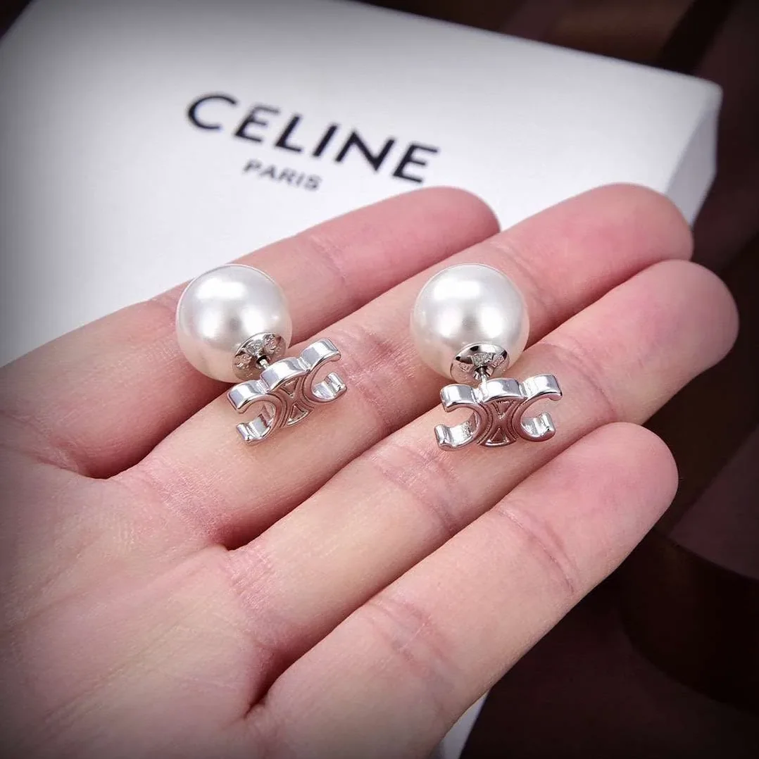 Celine Triomphe Pearl Earrings Silver