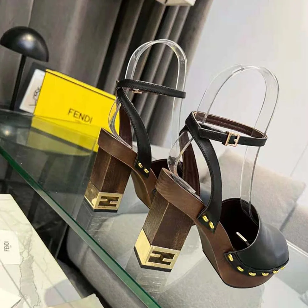 Fendi Baguette Show Black Leather High for Women in Heeled Clogs
