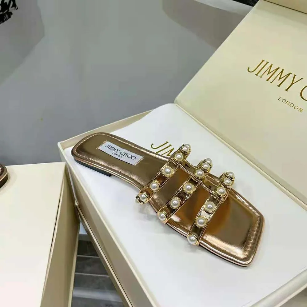 Jimmy Choo Hazal Flat Gold Liquid Metal Leather Flats with Pearl Studs for Women Jimmy Choo Hazal Flat Gold Liquid Metal Leather Flats with Pearl Studs for Women
