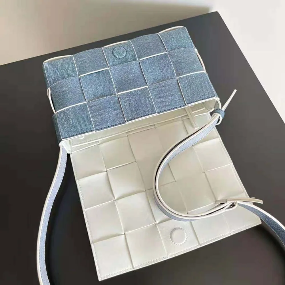 Bottega Veneta Cassette Medium Intreccio Denim for Women in Effect Leather Crossbody Bag