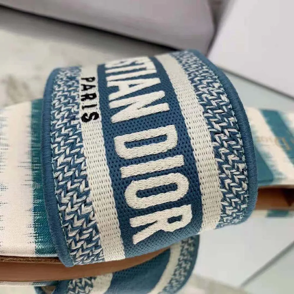 Dior Dway Slide Deep Ocean Blue D for Women in Stripes Embroidered Cotton