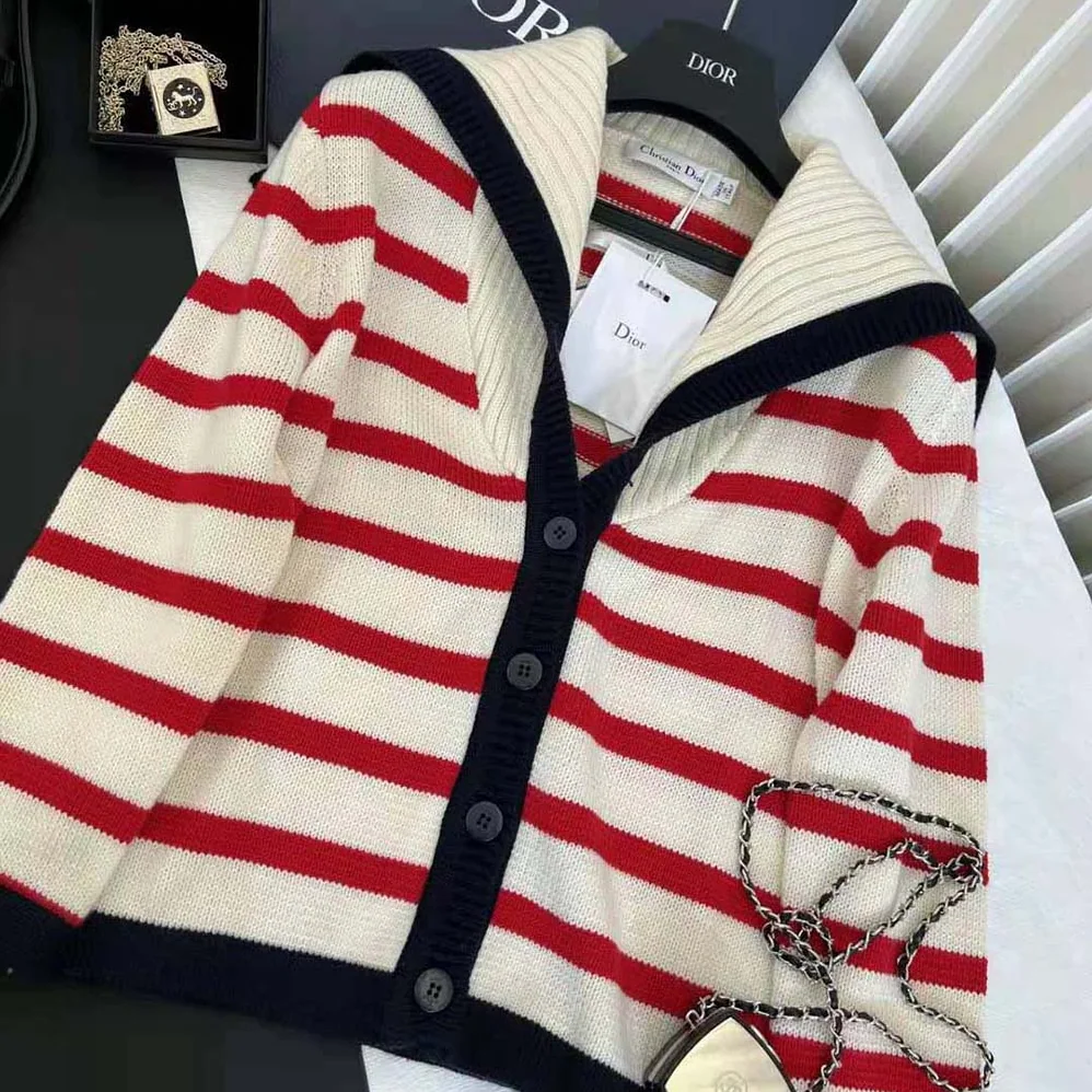 Dior Mariniere Cardigan Red and Ecru D-Stripes Ribbed Wool and Cashmere Knit for Women