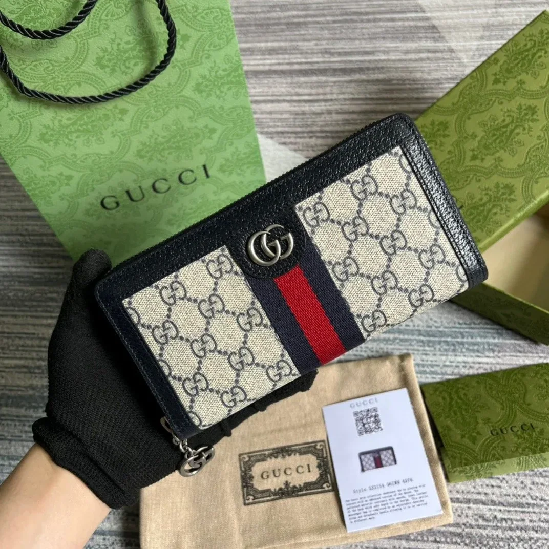 Gucci Ophidia GG Zip-Around Wallet in Beige with Red and Dark Blue Stripes and Silver Hardware , /