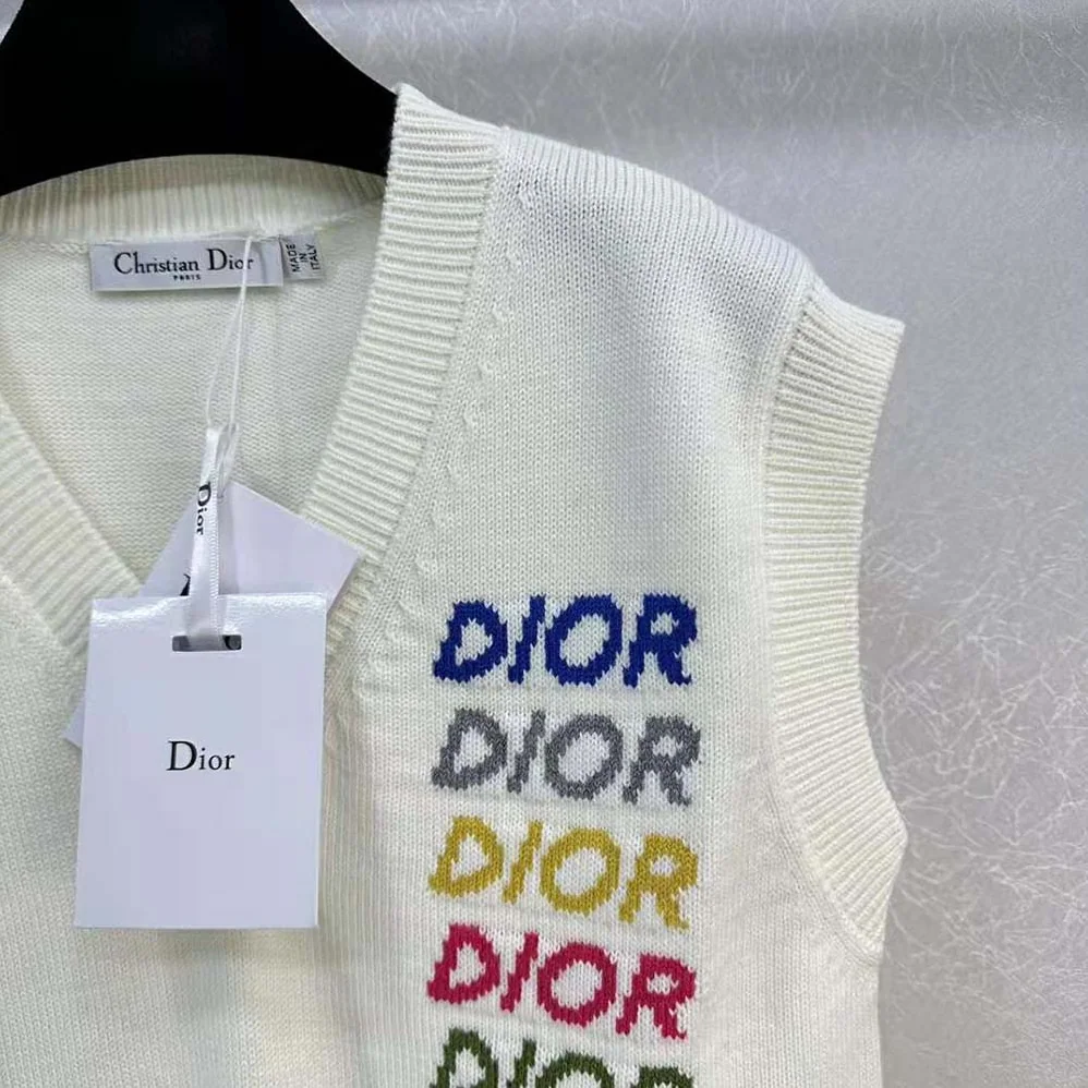 Dior Sleeveless Sweater Beige Wool and Cashmere Intarsia for Men