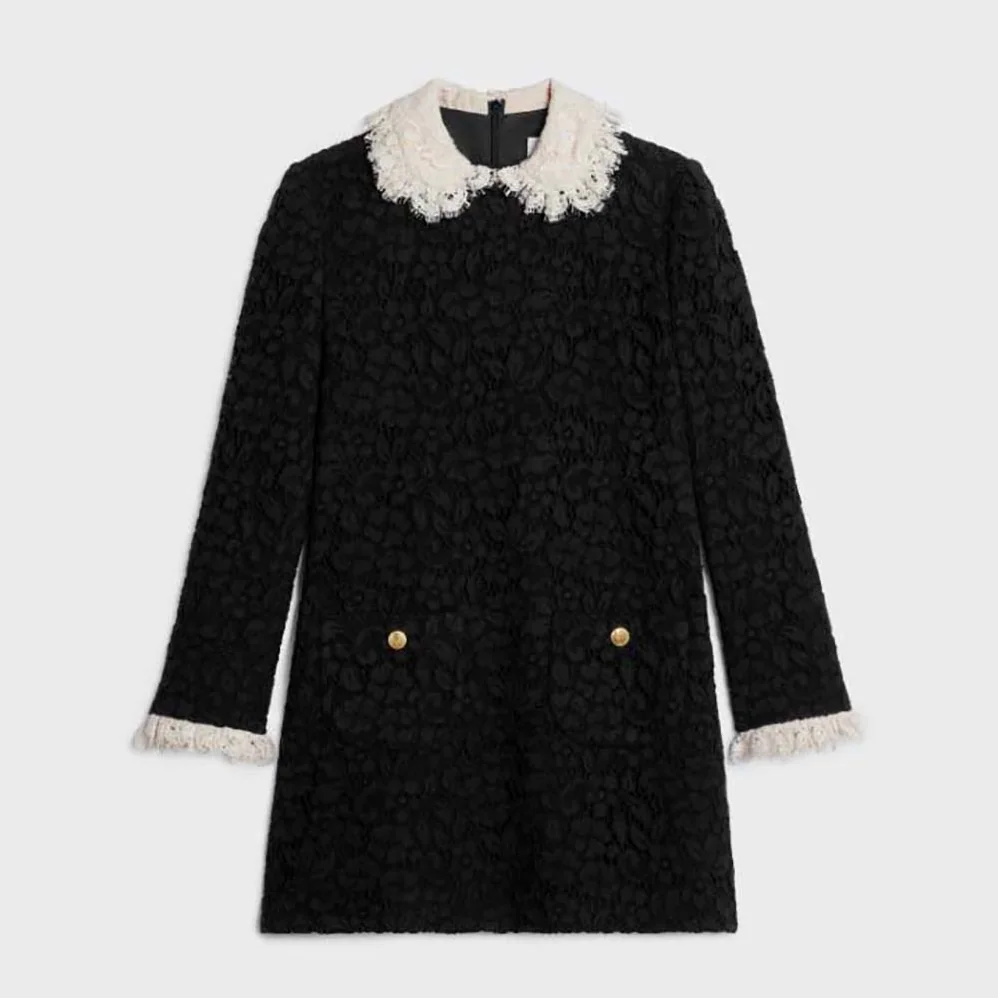 Celine Trapeze Mini Dress in Floral Guipure for Women in Black