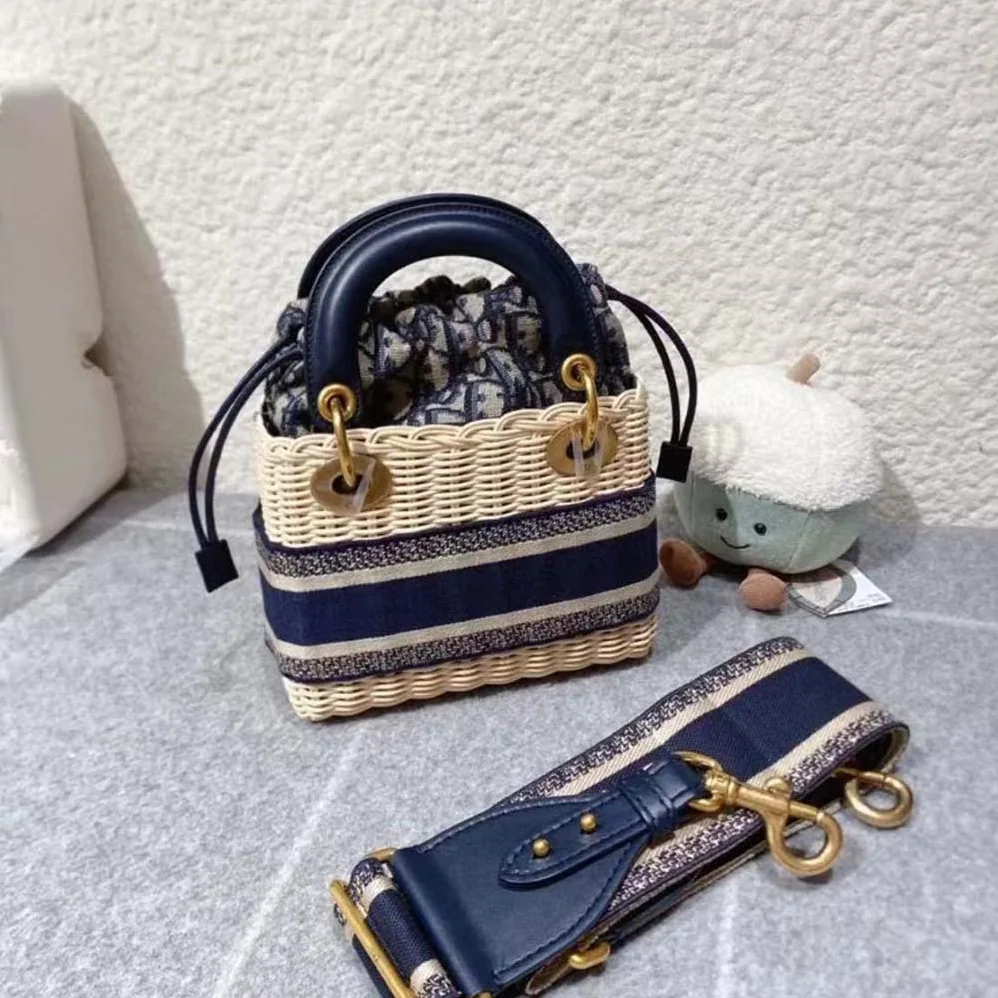Dior Small Lady Dior Bag Natural Wicker and Blue Dior Oblique Jacquard for Women
