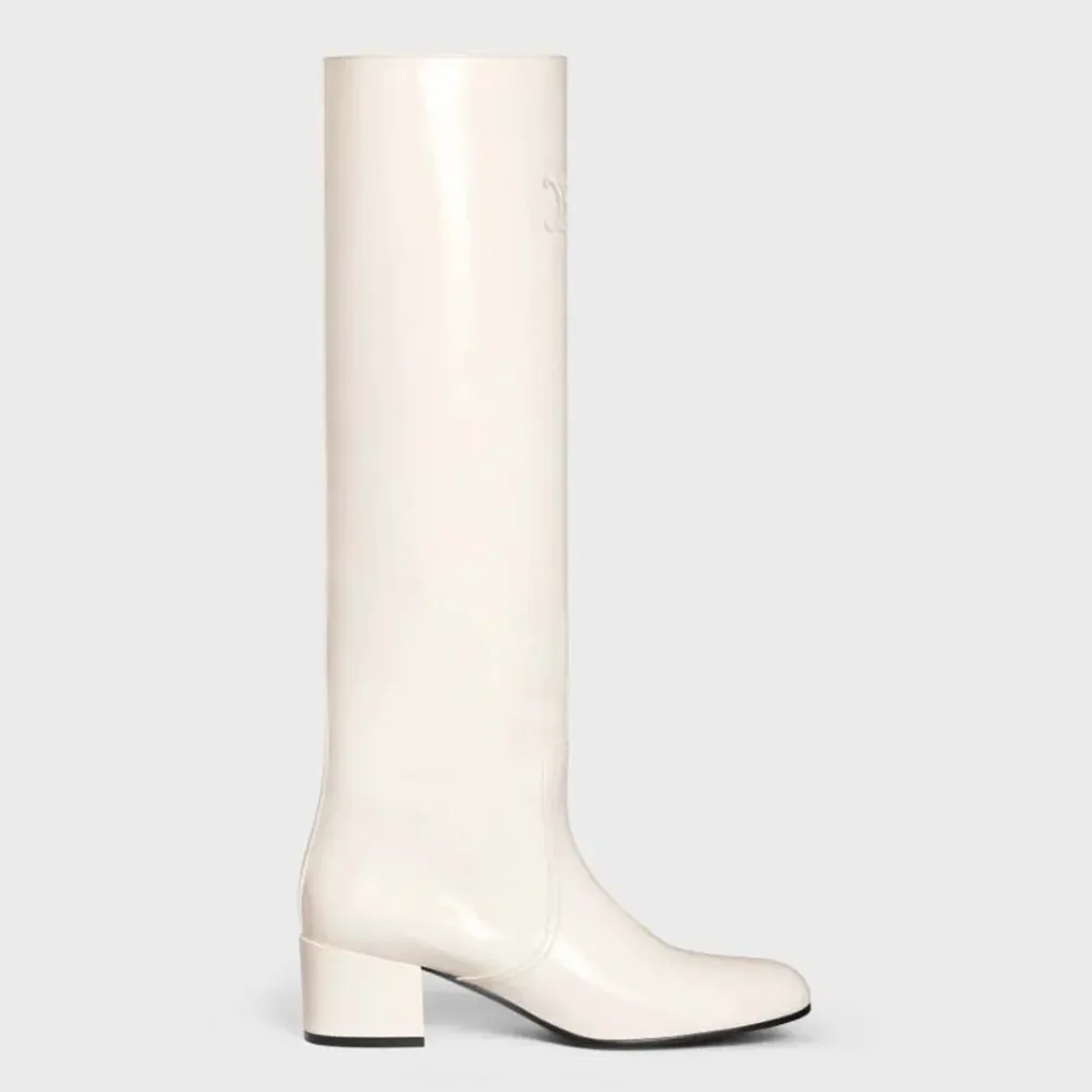 Celine Les Bottes Celine Triomphe High Boot in Patent Calfskin for Women in White