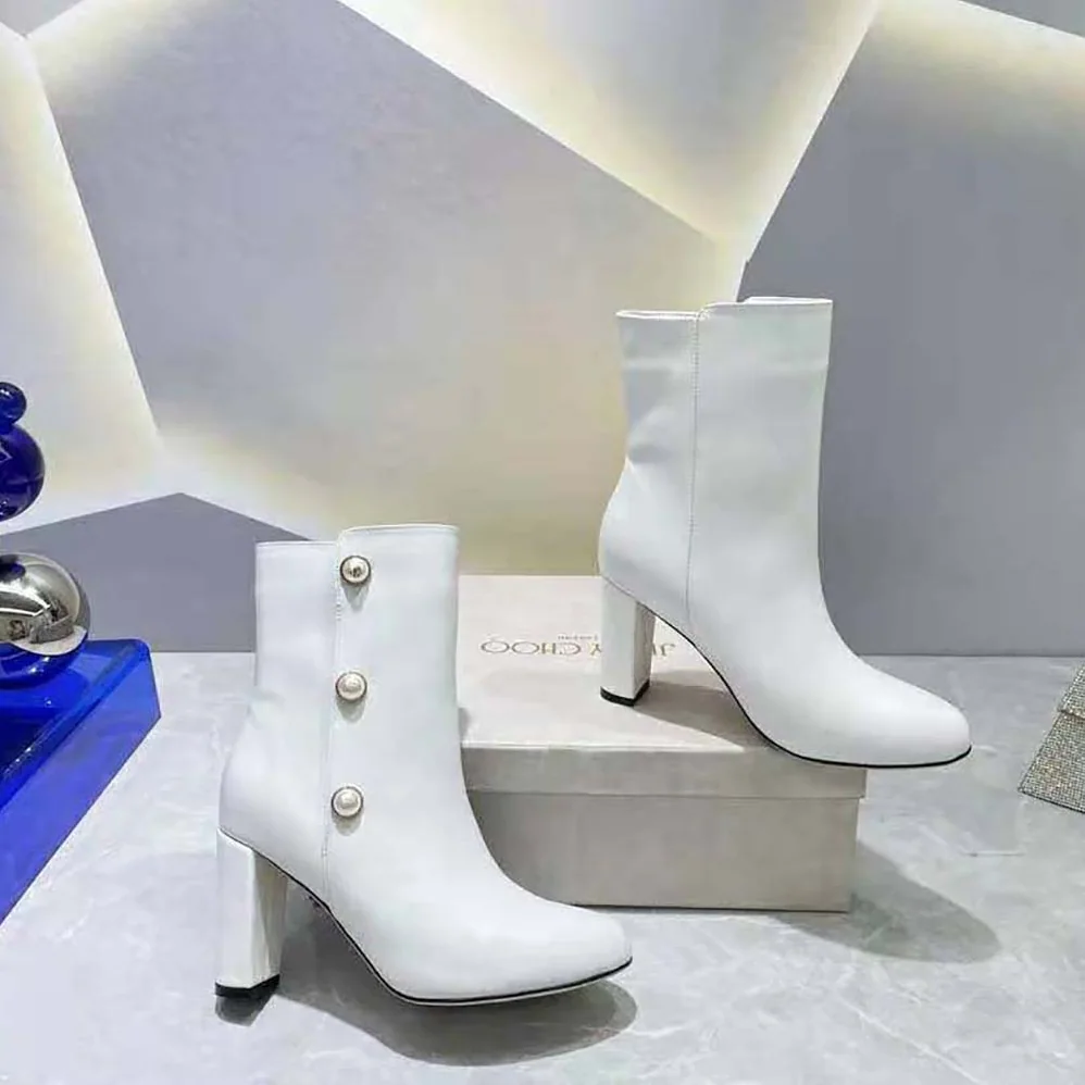 Jimmy Choo Rina 85 Latte Nappa Leather Mid for Women in Calf Boots with Pearls Jimmy Choo Rina 85 Latte Nappa Leather Mid for Women in Calf Boots with Pearls