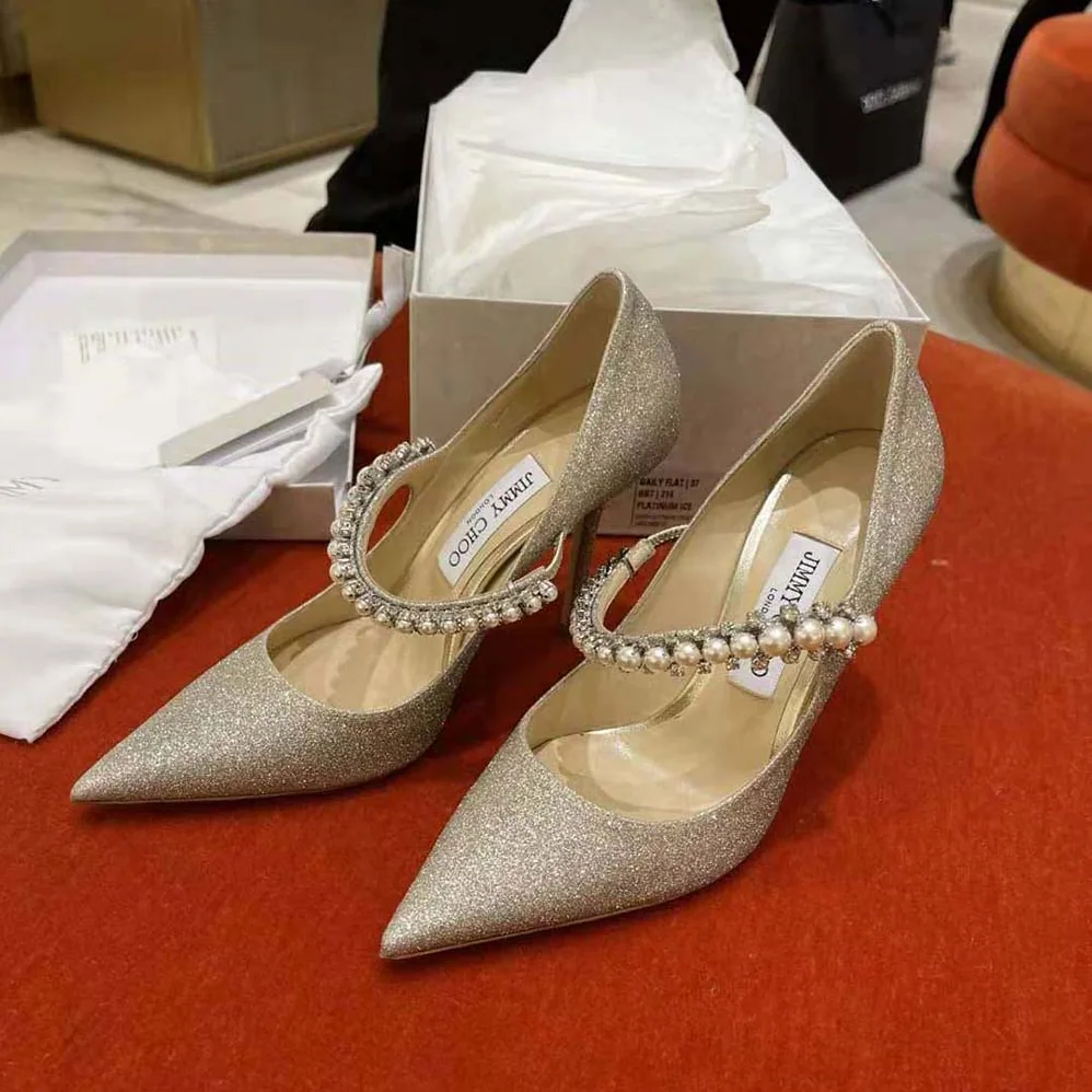 Jimmy Choo Baily 100 Platinum Ice Dusty Glitter Pumps with Crystal and Pearl Strap for Women Jimmy Choo Baily 100 Platinum Ice Dusty Glitter Pumps with Crystal and Pearl Strap for Women