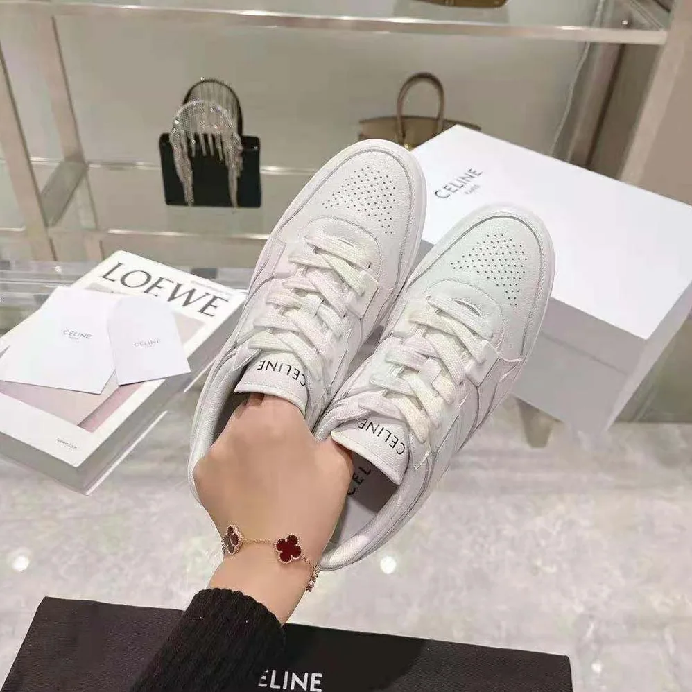 Celine Trainer Low Lace-up Sneaker in Calfskin for Women in White Celine Trainer Low Lace-up Sneaker in Calfskin for Women in White