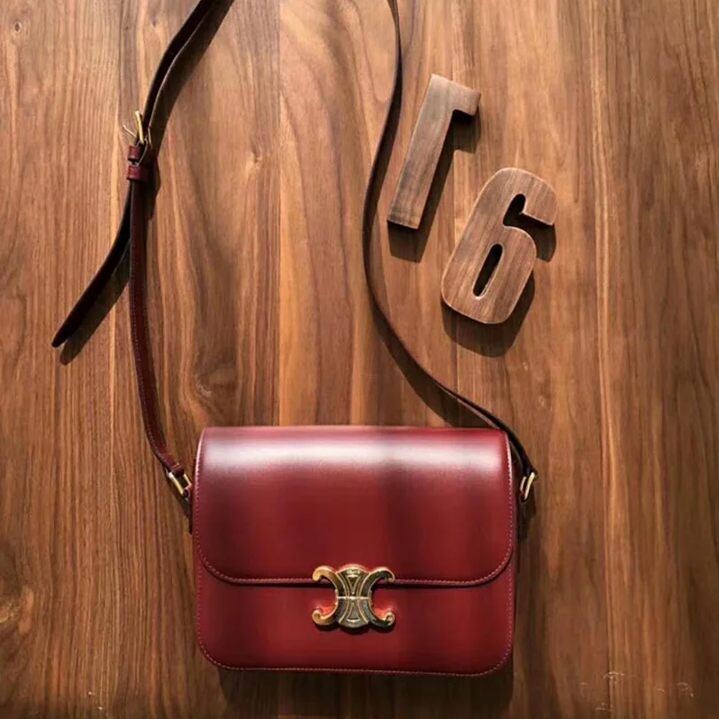 Celine Medium Triomphe Bag in Shiny Calfskin for Women in Maroon