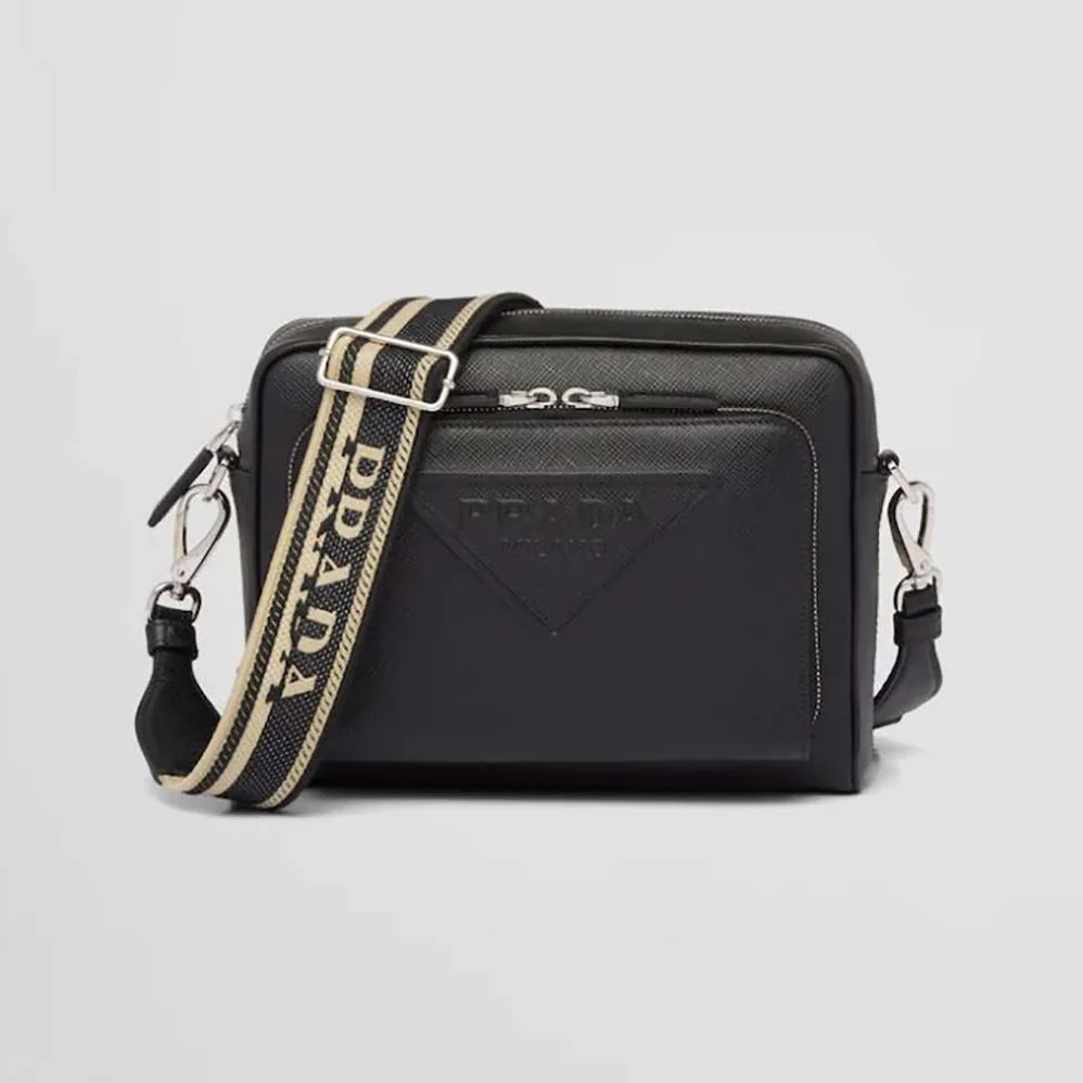 Prada Saffiano Leather Shoulder Bag With Iconic Prada Material for Men in Black