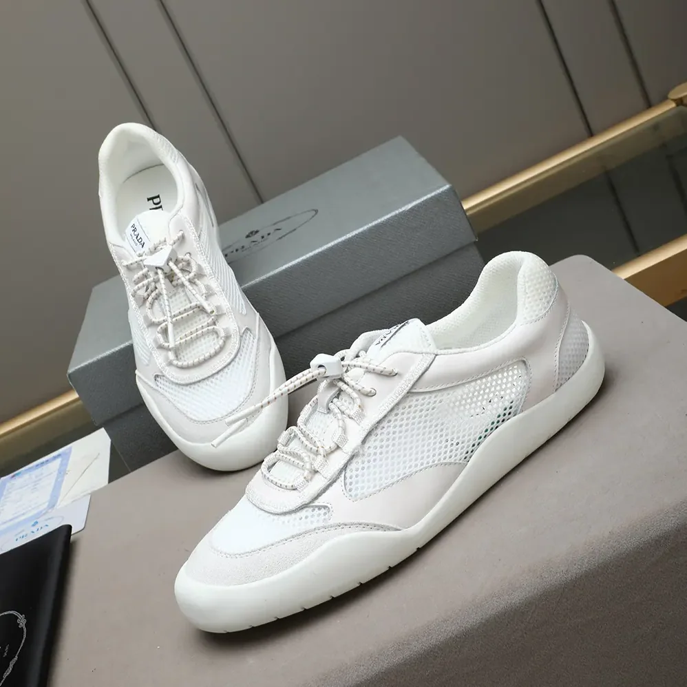 Prada Speedrock Patent Leather and Mesh Fabric Sneakers for Unisex in White