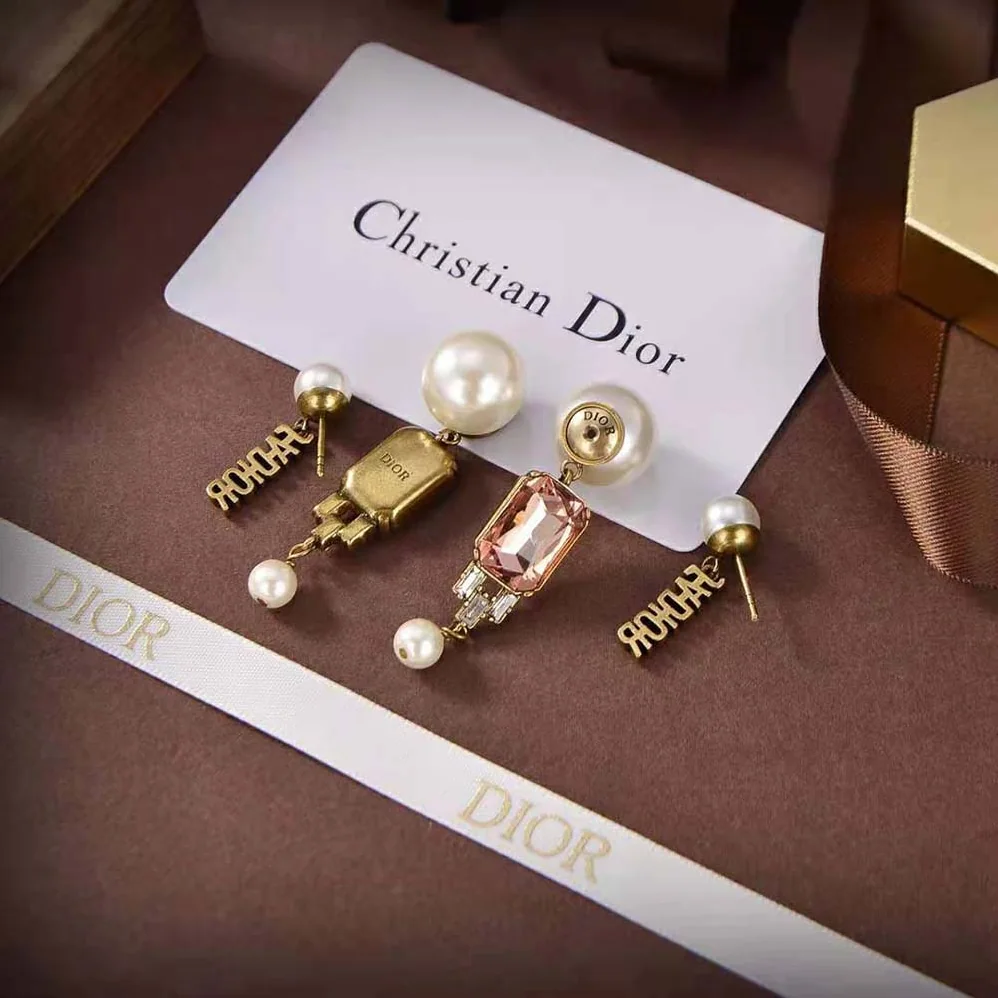 Dior Tribales Earrings Antique Gold-Finish Metal and White Resin Pearls with Multicolor Crystals for Women Dior Tribales Earrings Antique Gold-Finish Metal and White Resin Pearls with Multicolor Crystals for Women