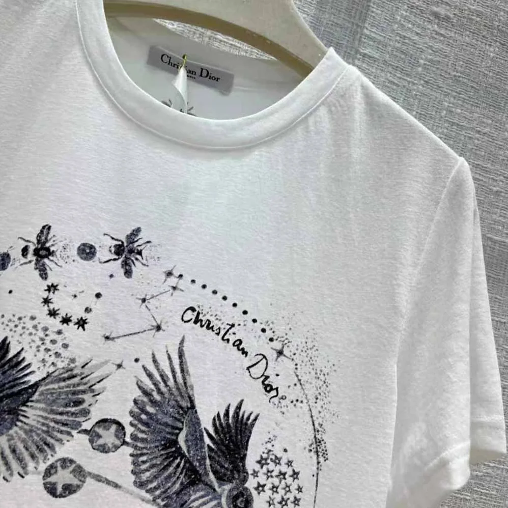 Dior T-shirt White Cotton Jersey and Linen with Black Gemini Motif for Women