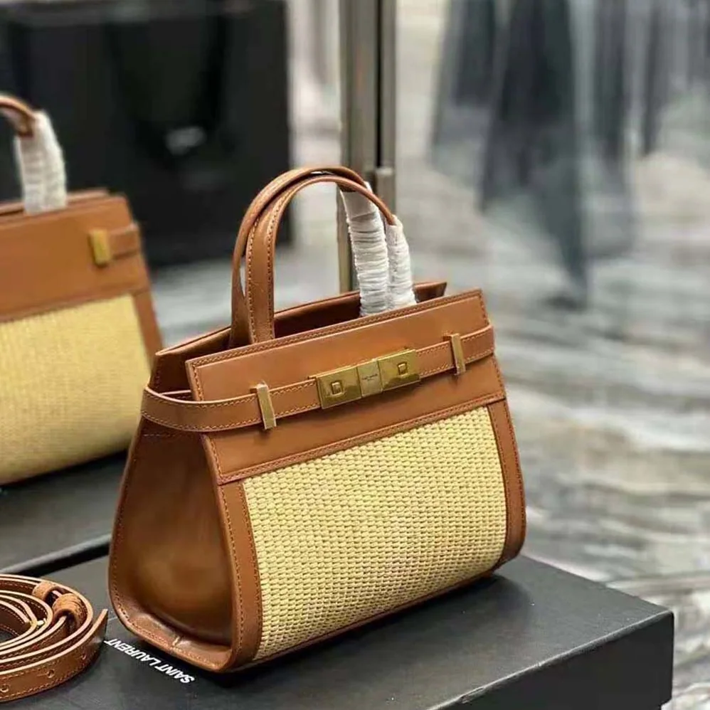 Saint Laurent YSL Manhattan Nano Shopping Bag in Raffia and Smooth Leather for Women in Brown Saint Laurent YSL Manhattan Nano Shopping Bag in Raffia and Smooth Leather for Women in Brown