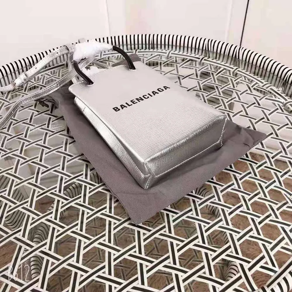 Balenciaga Shopping Phone Holder Shopping Phone Holder in Silver Metallized Squared Calfskin for Unisex