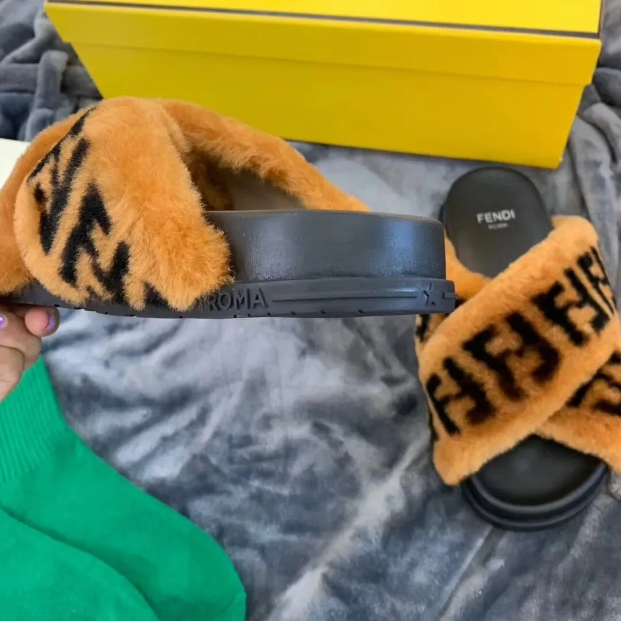 Fendi Shearling FF Logo Leather & Dyed Shearling Fur Cross Slides Fall/Winter 2019 Collection, Black in Brown Fendi Shearling FF Logo Leather & Dyed Shearling Fur Cross Slides Fall/Winter 2019 Collection, Black in Brown