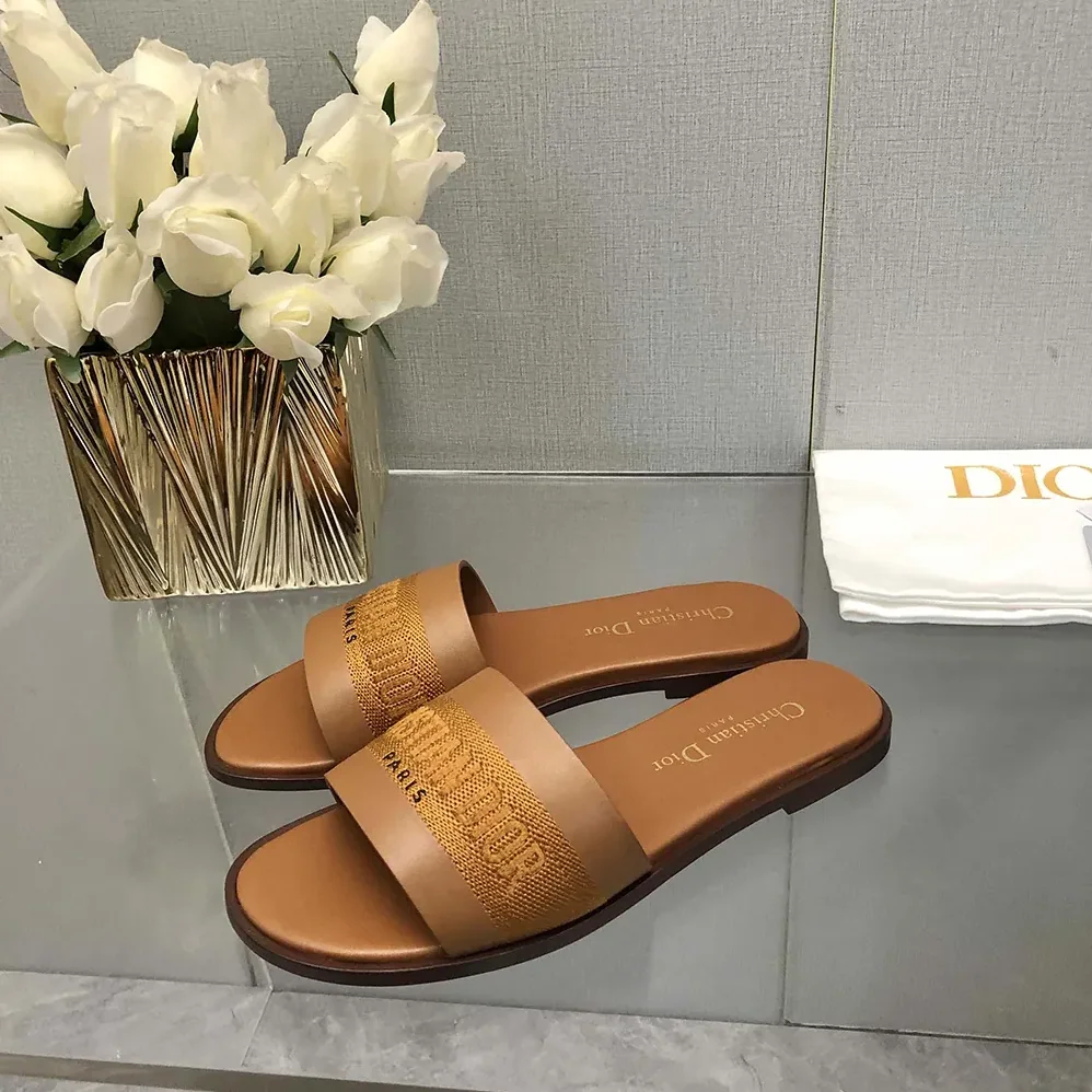 Dior Dway Slide Camel Calfskin and Embroidered Cotton for Women