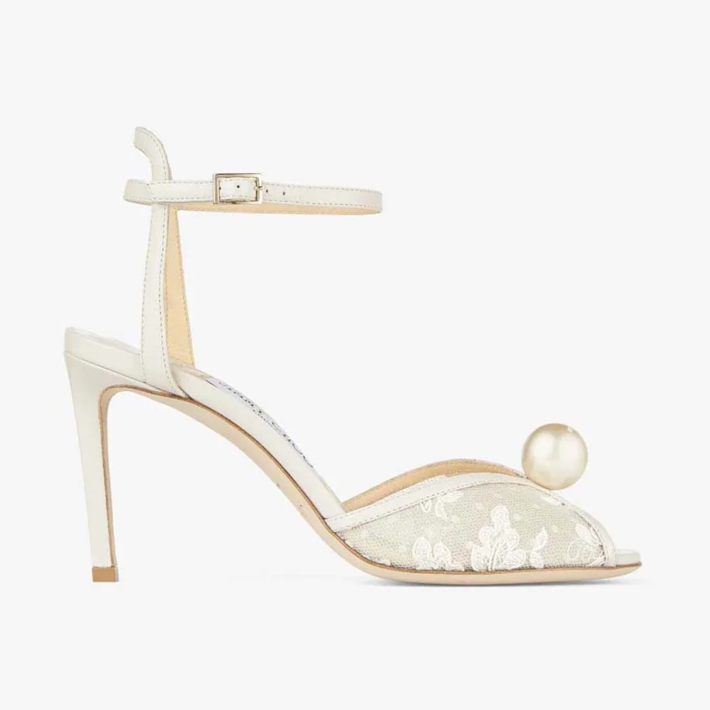 Jimmy Choo Sacora 85 Ivory Floral Lace Sandals with Pearl Detail for Women