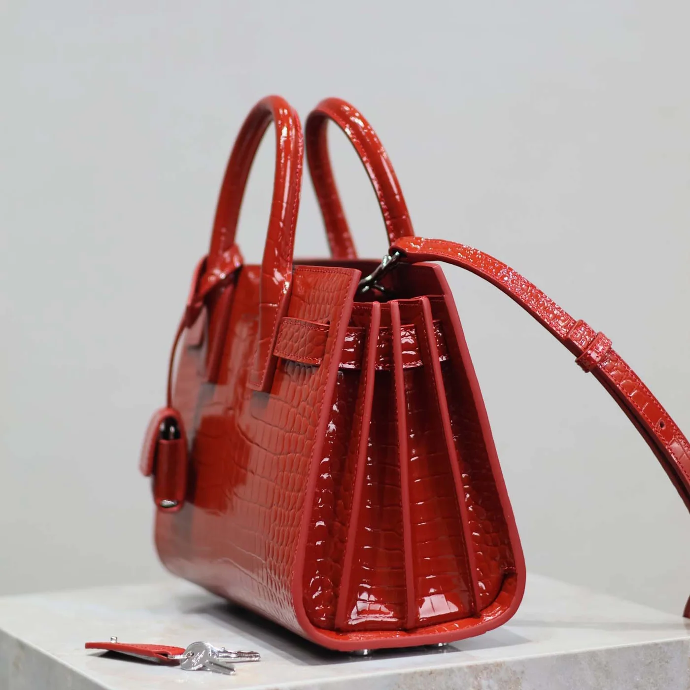 Saint Laurent YSL Sac De Jour in Crocodile Embossed Leather Nano for Women in Red Saint Laurent YSL Sac De Jour in Crocodile Embossed Leather Nano for Women in Red