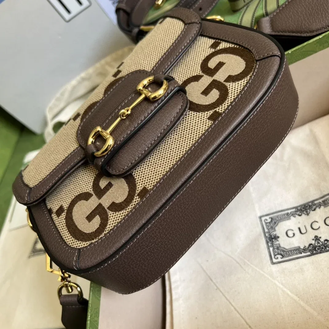 Gucci Horsebit 1955 Jumbo Mini Bag Camel And Ebony Jumbo GG Canvas /