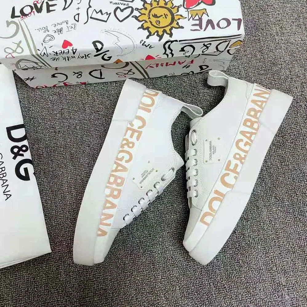 Dolce Gabbana D&G Calfskin Portofino Light Sneakers with Logo-Detailed Plate and Logo Print for Women in White Dolce Gabbana D&G Calfskin Portofino Light Sneakers with Logo-Detailed Plate and Logo Print for Women in White