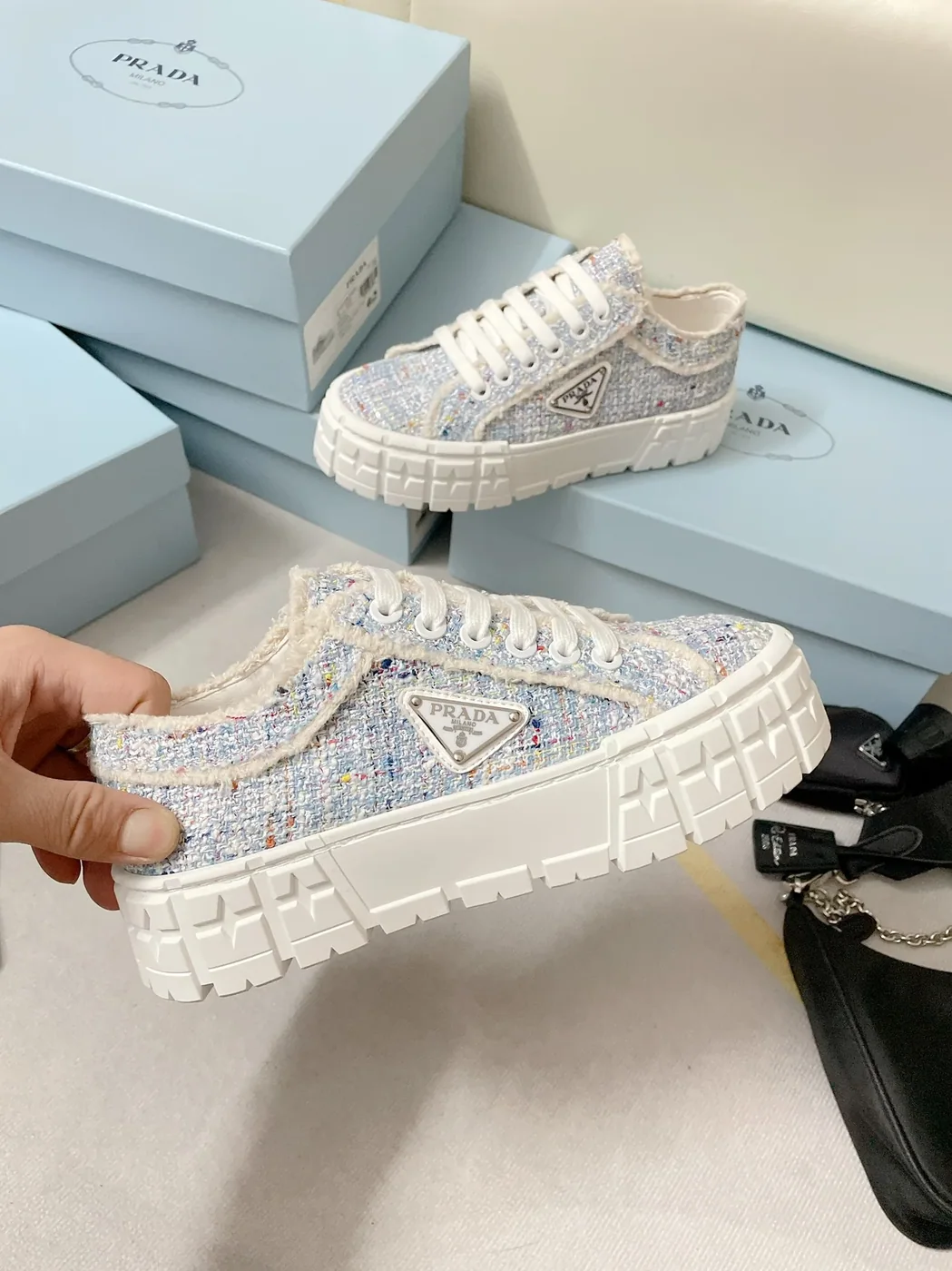 Prada Double Wheel Gabardine Sneakers Light Blue in PRD