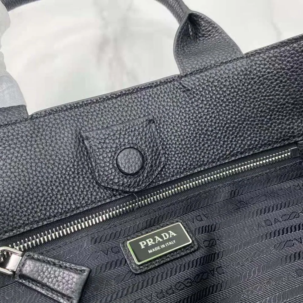 Prada Leather Tote with Enameled Metal Triangle Logo for Men in Black Prada Leather Tote with Enameled Metal Triangle Logo for Men in Black
