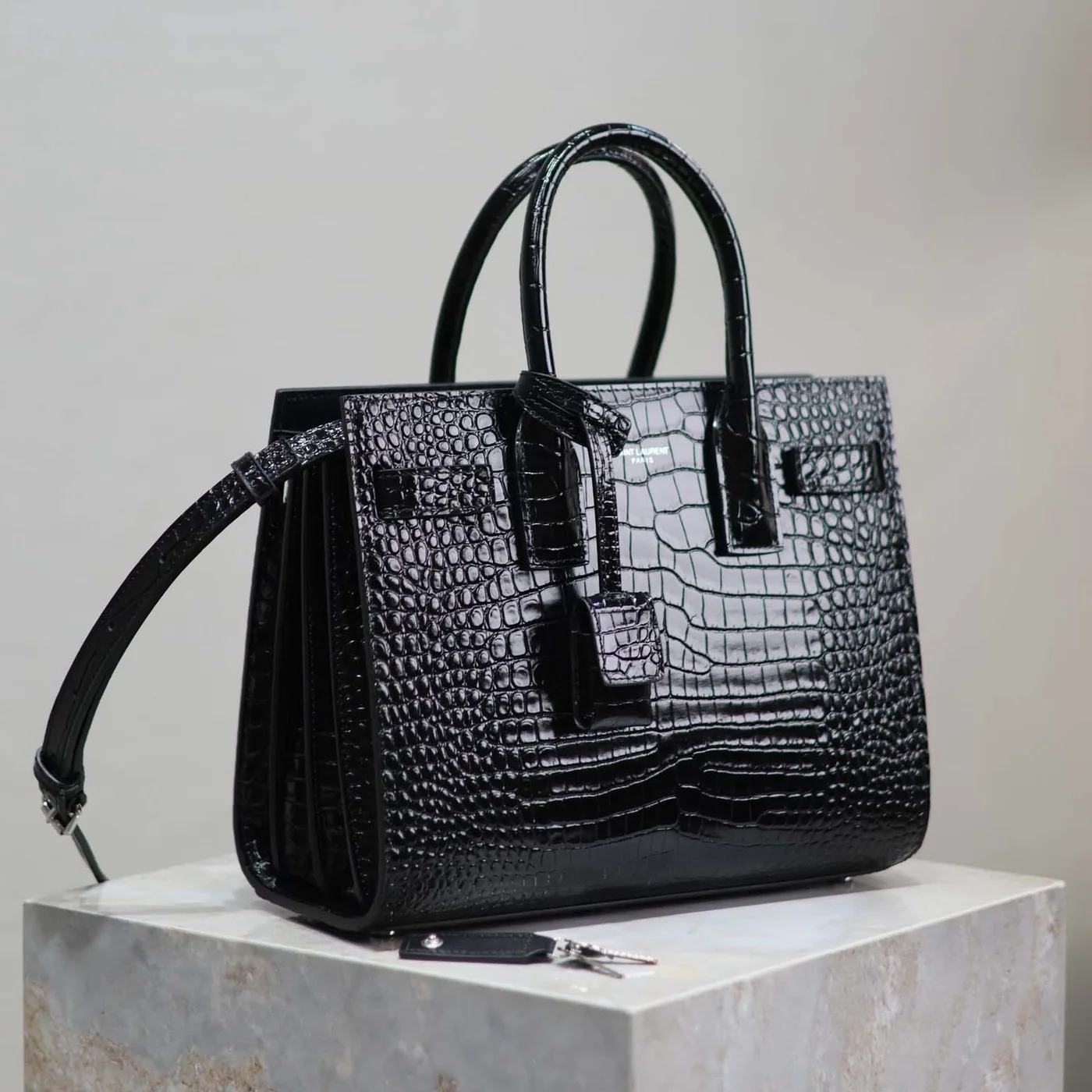 Saint Laurent YSL Sac De Jour in Embossed Crocodile Leather Baby for Women in Black