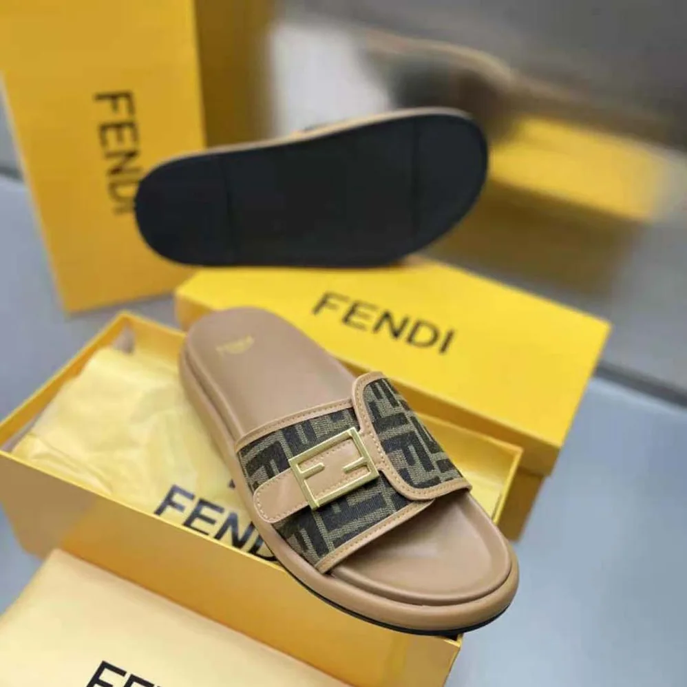 Fendi Feel Brown Fabric Slides for Women