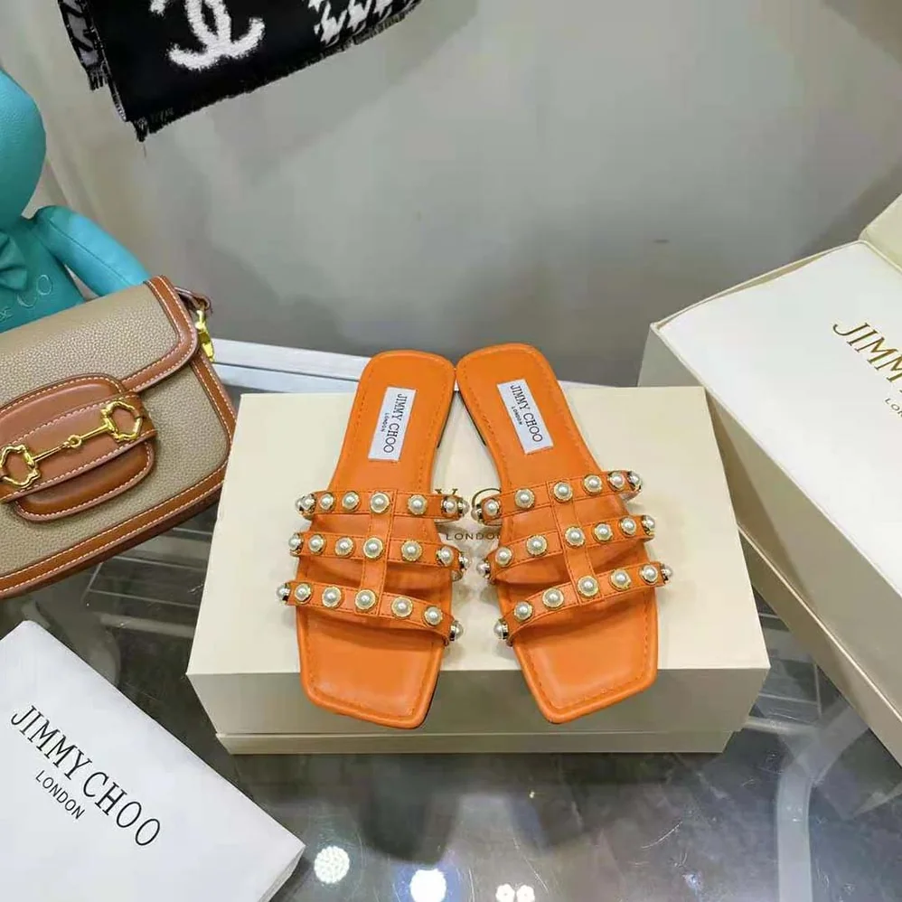 Jimmy Choo Hazal Flat Amber Orange Suede Caged Flats with Pearl Studs for Women Jimmy Choo Hazal Flat Amber Orange Suede Caged Flats with Pearl Studs for Women