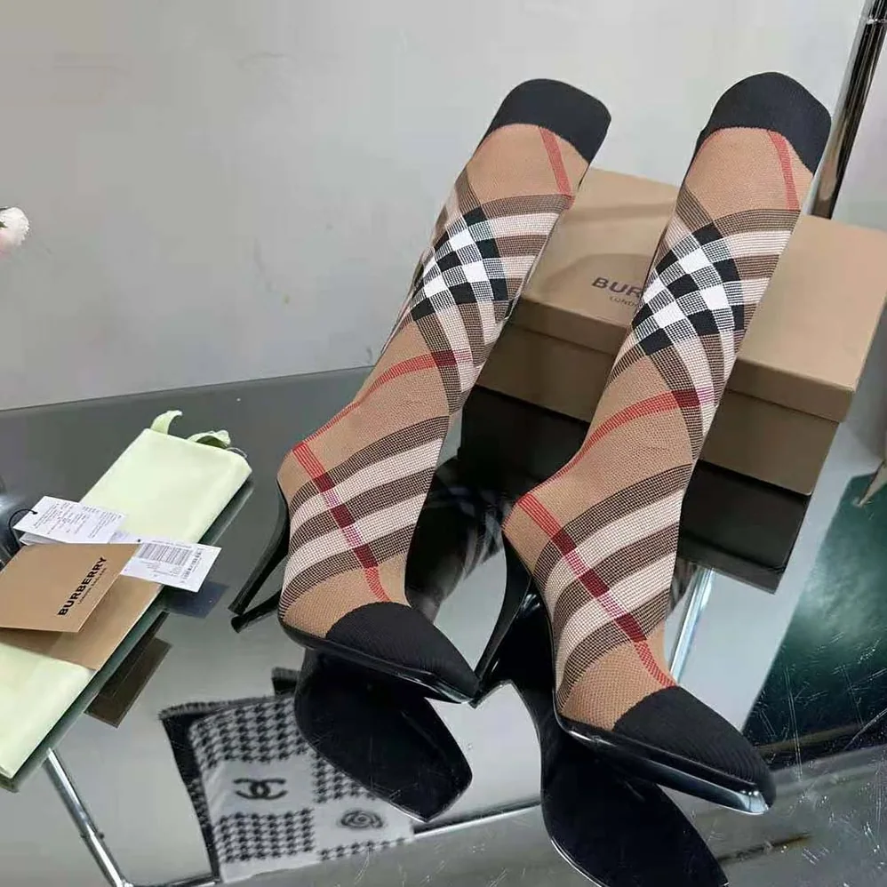 Burberry Knitted Check Sock Boots for Women in Brown