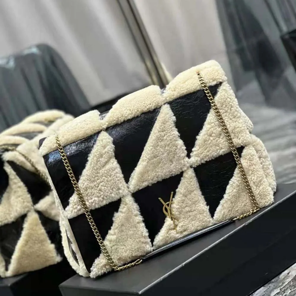 Saint Laurent YSL Jamie Giant Chain Bag “Carré Rive Gauche” in Suede and Shearling Patchwork for Women in Black Saint Laurent YSL Jamie Giant Chain Bag “Carré Rive Gauche” in Suede and Shearling Patchwork for Women in Black