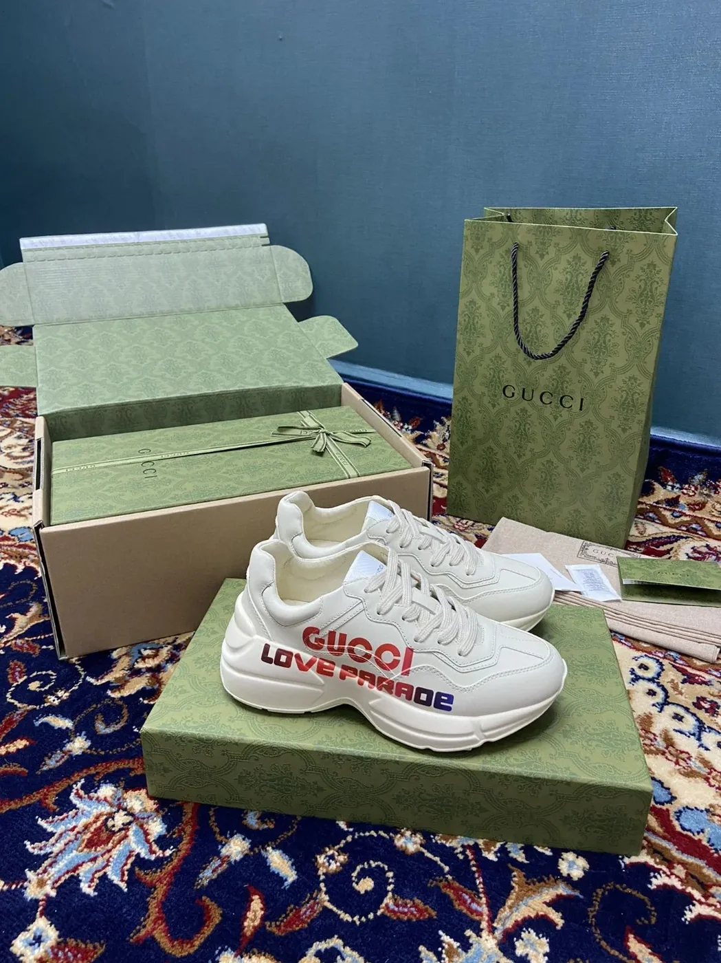 Gucci Rhyton Sneakers With Gucci Love Parade Red White Ivory for Men Gucci Rhyton Sneakers With Gucci Love Parade Red White Ivory for Men
