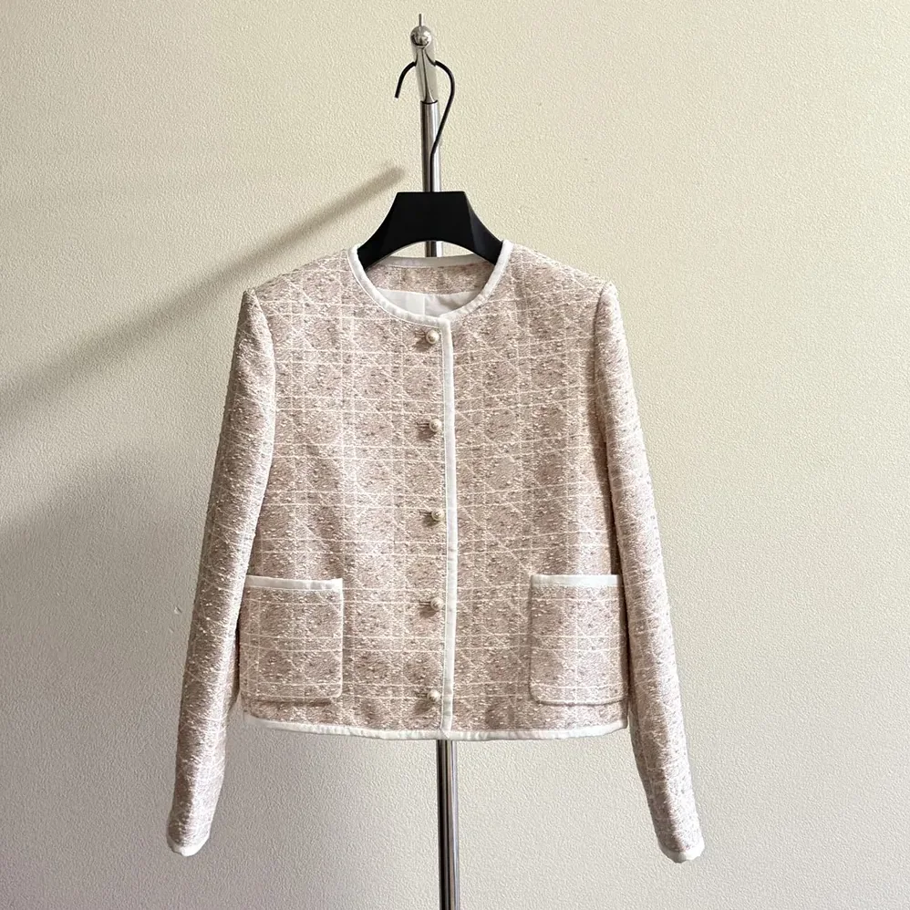 Dior Macrocannage Cropped Jacket Peach Blossom Pink Cotton for Women in Blend Tweed