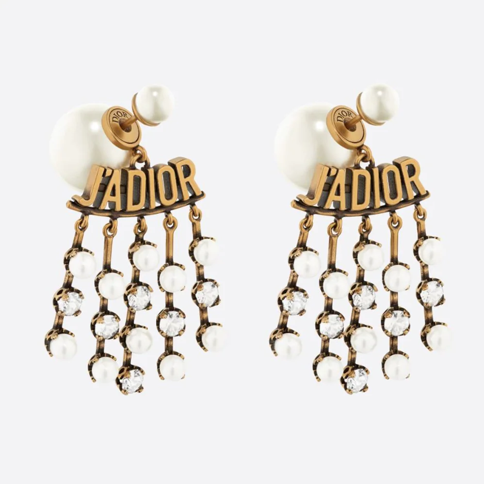 Dior Tribales Earrings Antique Gold-Finish Metal with White Resin Pearls for Women Dior Tribales Earrings Antique Gold-Finish Metal with White Resin Pearls for Women