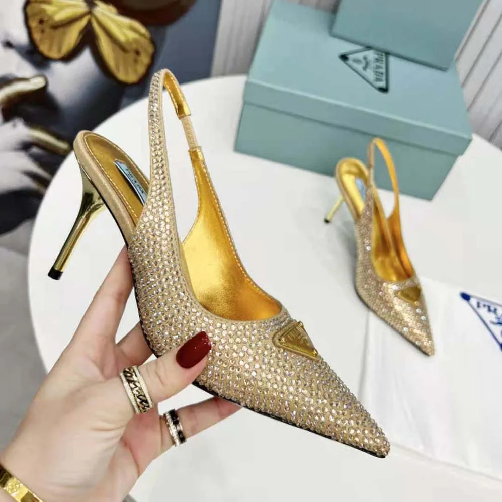 Prada Satin Slingbacks with Crystals for Women in Gold