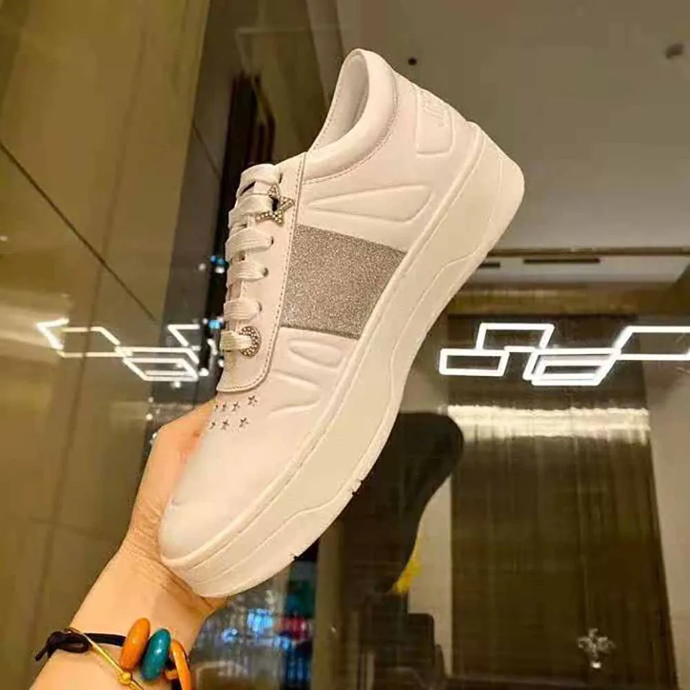 Jimmy Choo Hawaii F White Calf Leather Lace-Up Trainers with Glitter Stripe for Women Jimmy Choo Hawaii F White Calf Leather Lace-Up Trainers with Glitter Stripe for Women
