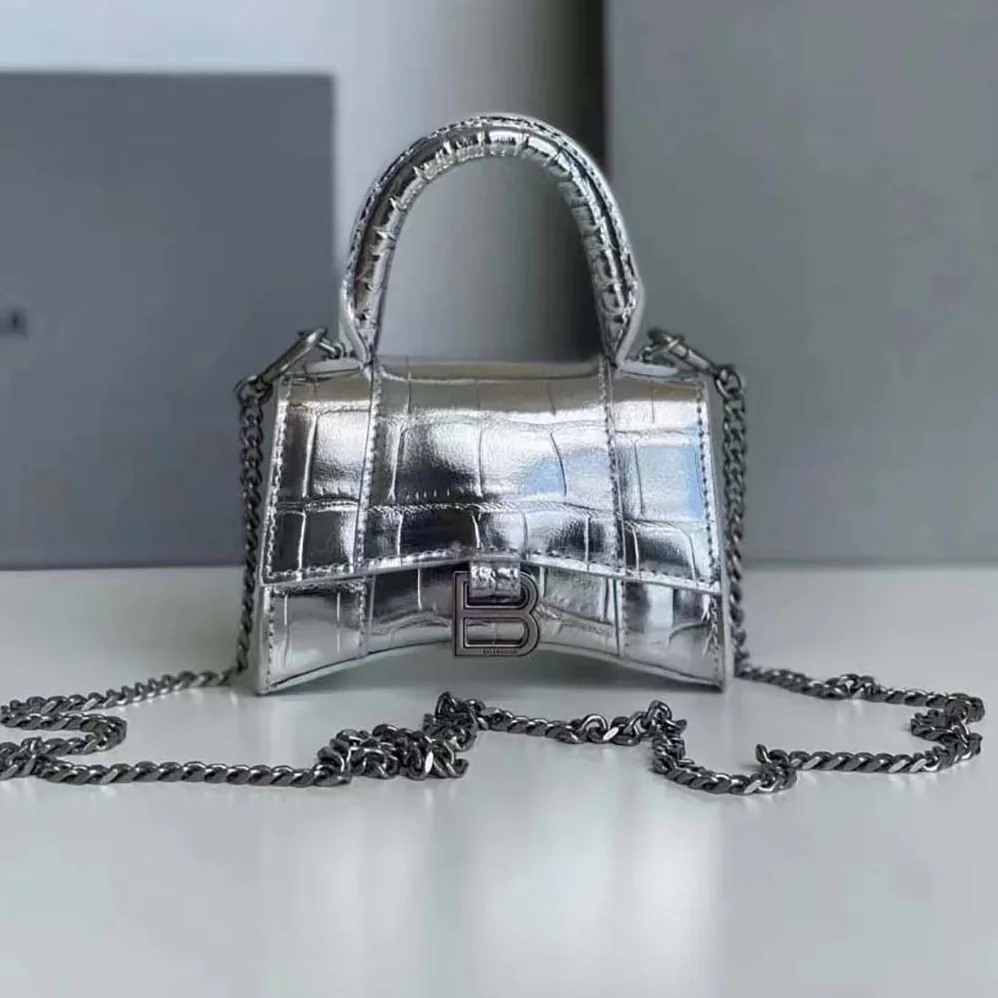 Balenciaga Hourglass Mini Top Handle Bag in Silver Crocodile Embossed Calfskin for Women