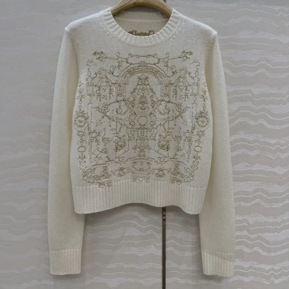 Dior Embroidered Sweater Ecru Cashmere Knit with Gold for Women in Tone Dioresque Stella Motif Dior Embroidered Sweater Ecru Cashmere Knit with Gold for Women in Tone Dioresque Stella Motif