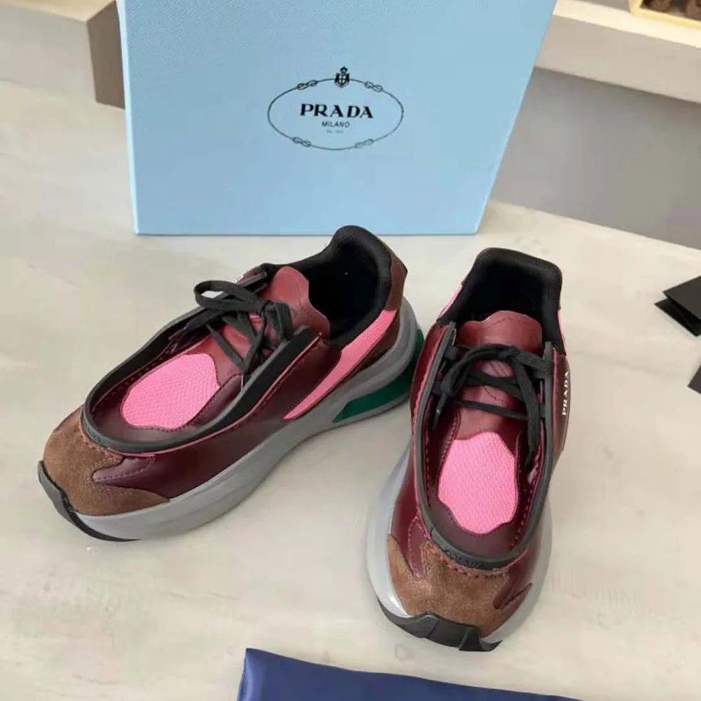 Prada Brushed Leather Sneakers with Bike Fabric and Suede Elements for Men in Pink