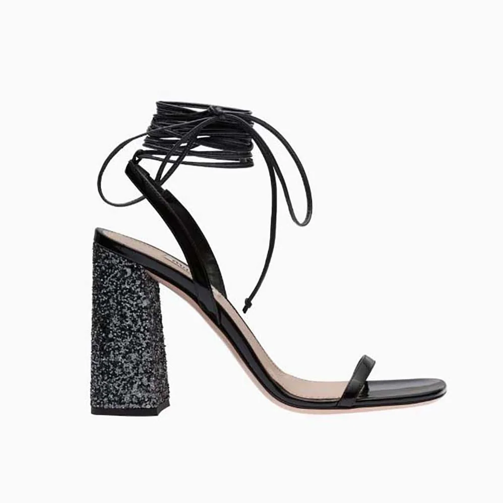 Miu Miu Patent Leather and Glitter Sandals in 100mm Heel Height for Women in Black Miu Miu Patent Leather and Glitter Sandals in 100mm Heel Height for Women in Black