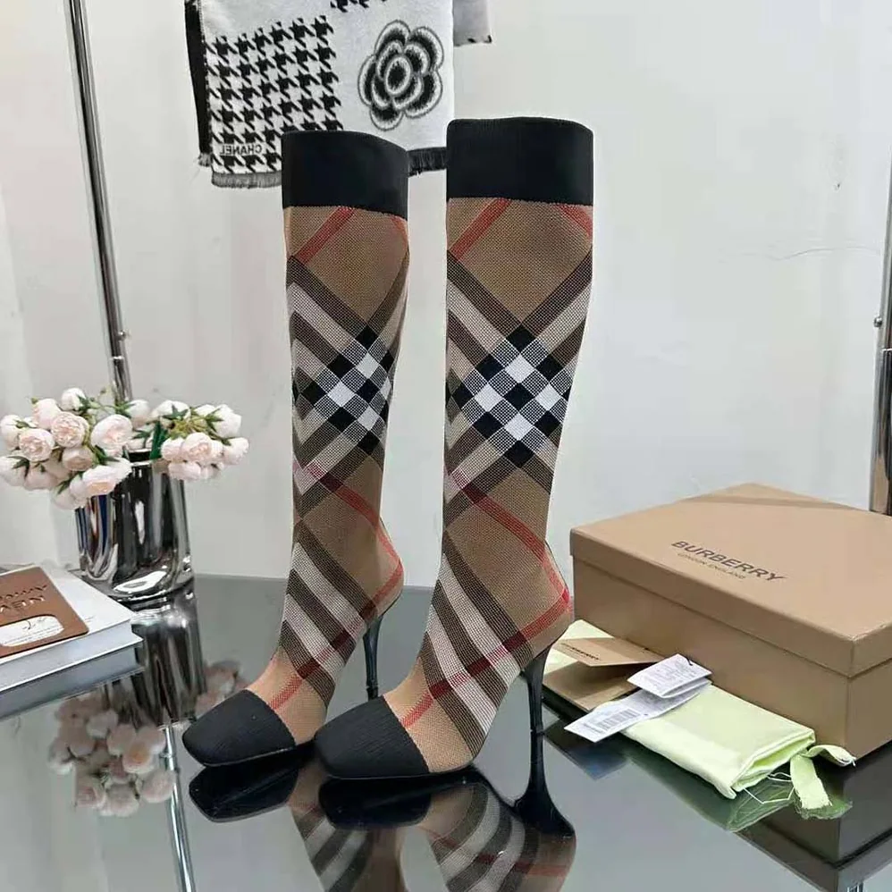 Burberry Knitted Check Sock Boots for Women in Brown