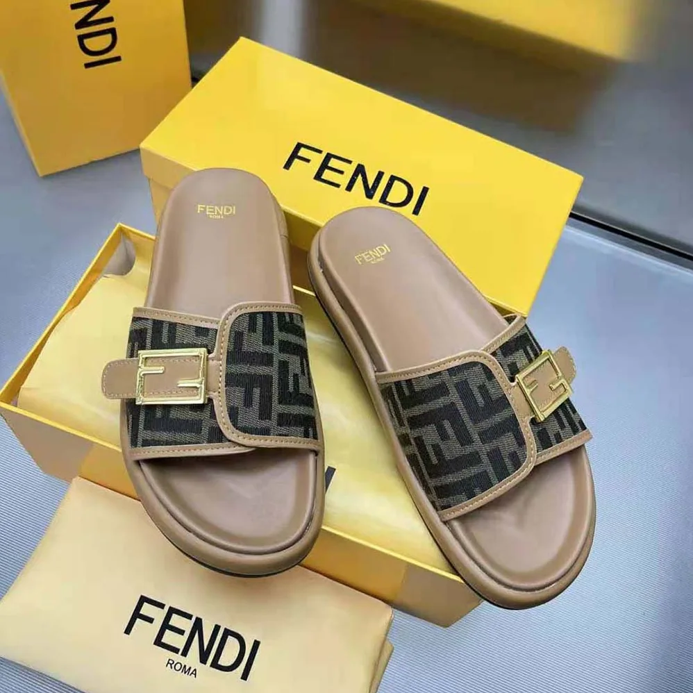 Fendi Feel Brown Fabric Slides for Women